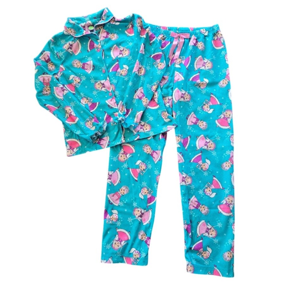 Dollie & Me Pajama Set Kids Size‎ 14 Teal Blue Pink Doll Snowflake Fleece Cozy